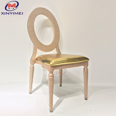 Eenvoudige moderne metalen hotel eetstoel Ronde rugleuning Goud kussen Hout graan imitatie
